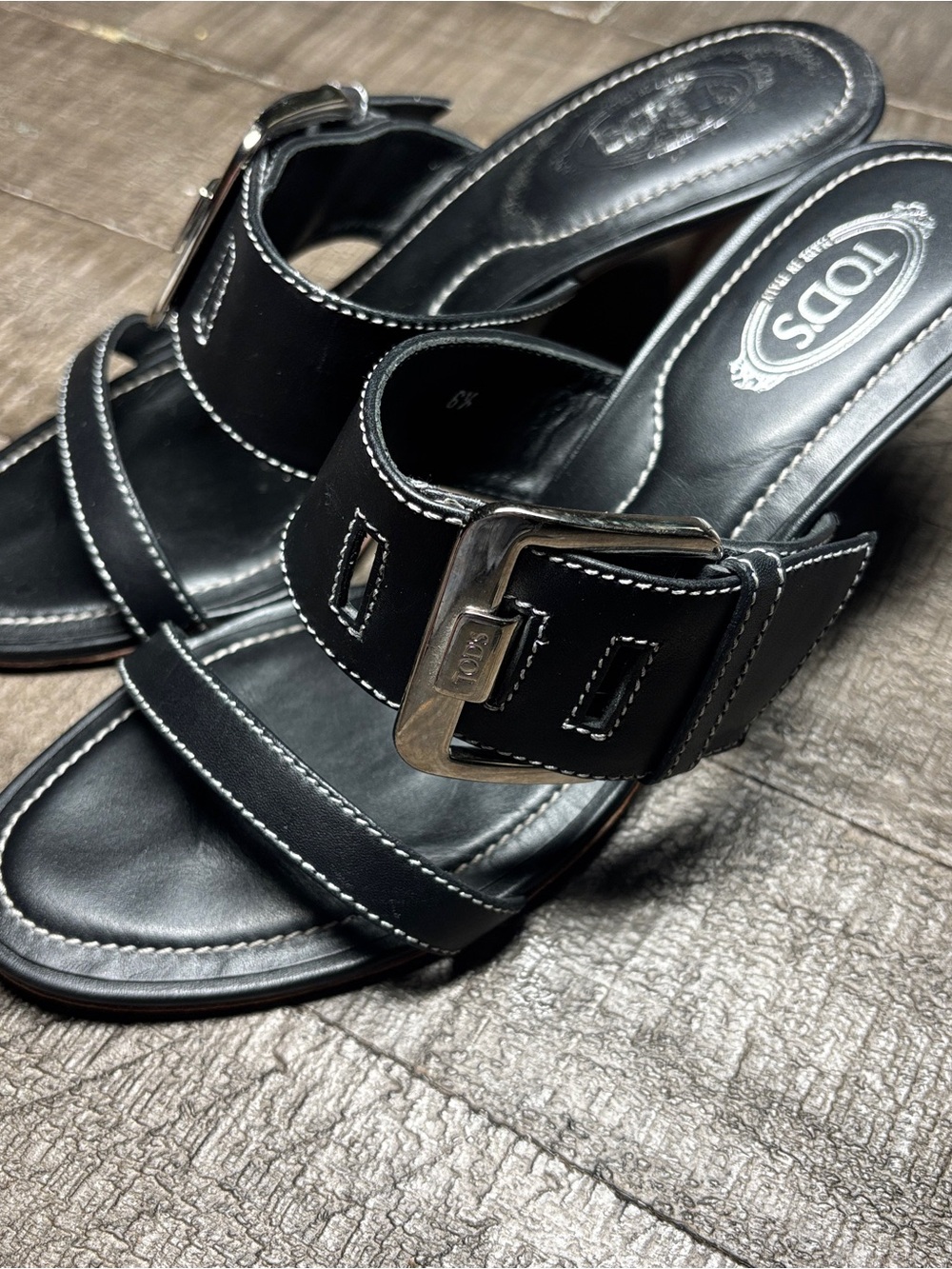 TOD'S Black Leather Buckle Slide Mules with White Stitching
